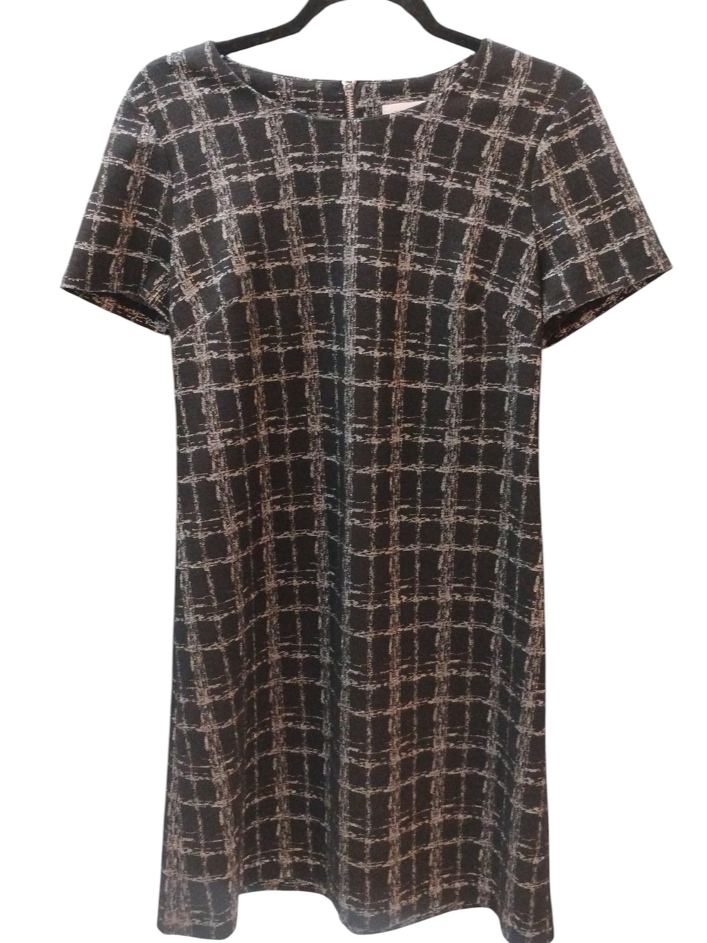 Calvin Klein Short Sleeve Black & Silver Grid Shift Dress SZ 10